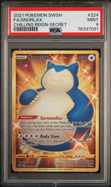 2021 POKEMON SWORD & SHIELD CHILLING REIGN #224 FA/SNORLAX PSA 9
