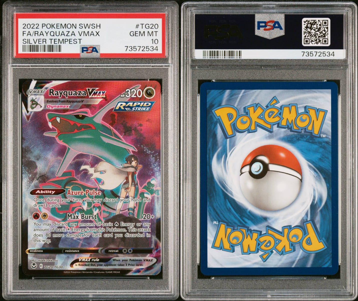 2022 POKEMON SWORD & SHIELD SILVER TEMPEST #TG20 FA/RAYQUAZA VMAX PSA 10